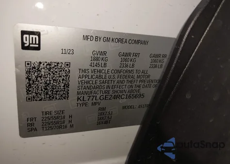 2024 Chevrolet Trax Fwd 1Rs z USA, uszkodzony, nr VIN KL77LGE24RC165695